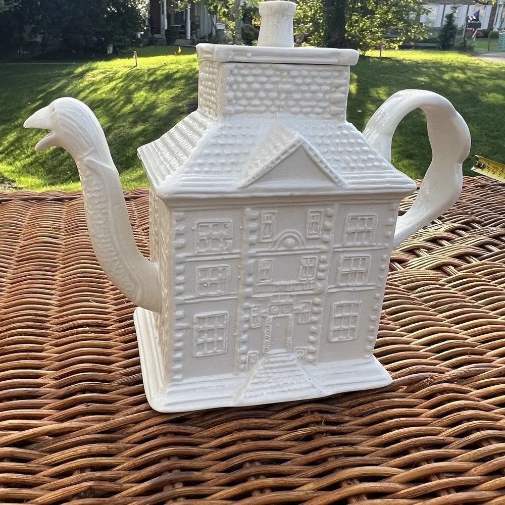 MMA‎ English Staffordshire White Salt Glazed House Form Teapot Vintage
